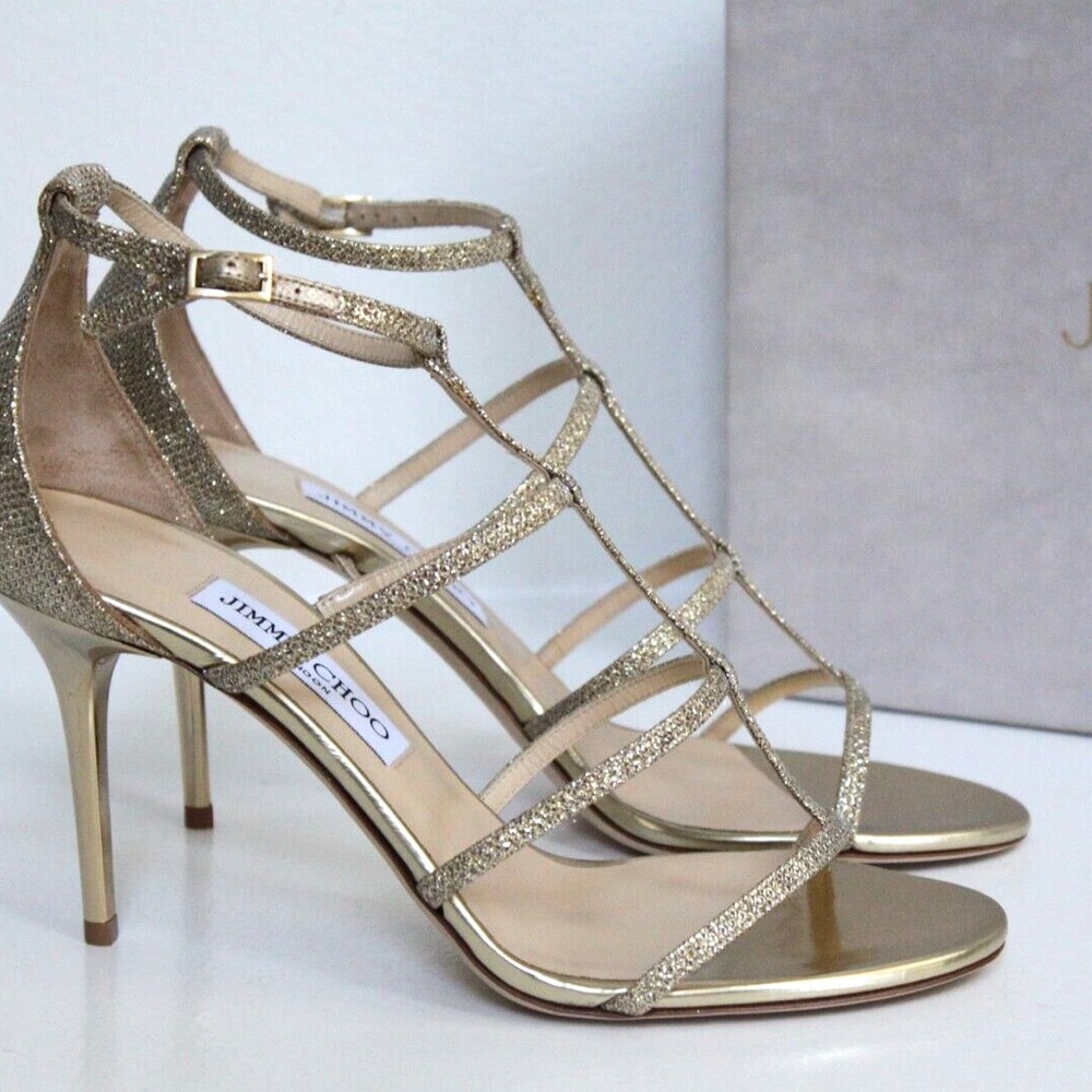 Jimmy Choo Dory 100 light bronze lame glitter heels